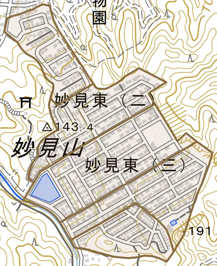 妙見東とその周辺の地図。町の範囲を重ねている