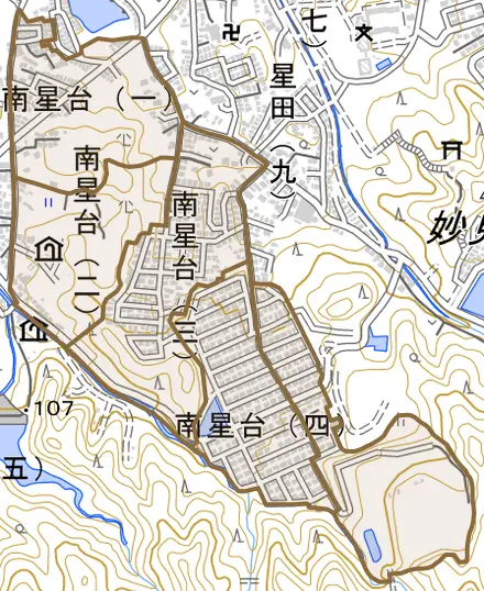 南星台とその周辺の地図。町の範囲を重ねている