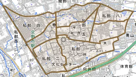 私部とその周辺の地図。町の範囲を重ねている