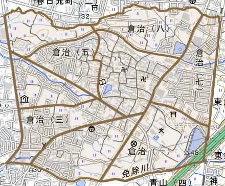 倉治とその周辺の地図。町の範囲を重ねている