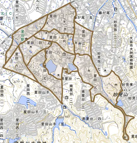 星田とその周辺の地図。町の範囲を重ねている