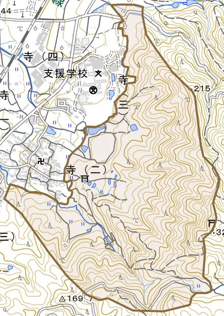 大字寺とその周辺の地図。町の範囲を重ねている