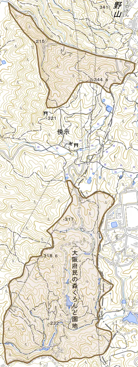 大字私部とその周辺の地図。町の範囲を重ねている