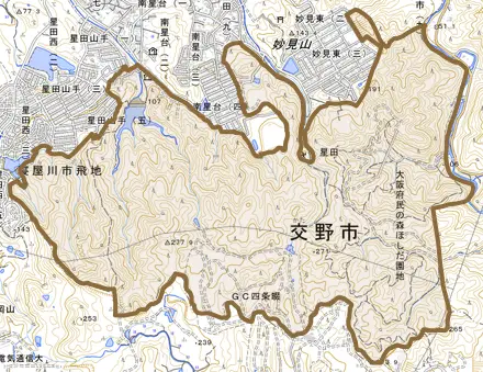 大字星田とその周辺の地図。町の範囲を重ねている