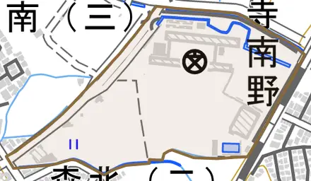 寺南野とその周辺の地図。町の範囲を重ねている