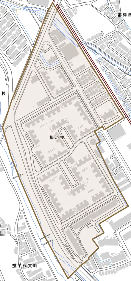 梅が枝とその周辺の地図。町の範囲を重ねている