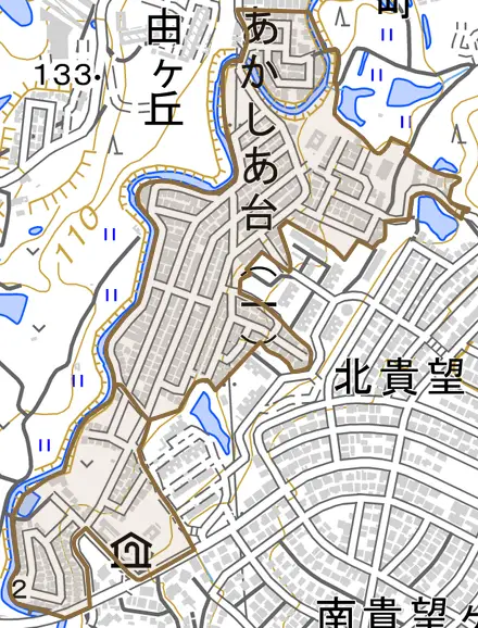 あかしあ台とその周辺の地図。町の範囲を重ねている