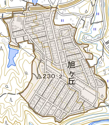 旭ケ丘とその周辺の地図。町の範囲を重ねている