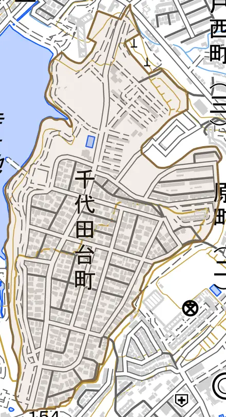 千代田台町とその周辺の地図。町の範囲を重ねている