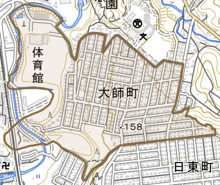 大師町とその周辺の地図。町の範囲を重ねている
