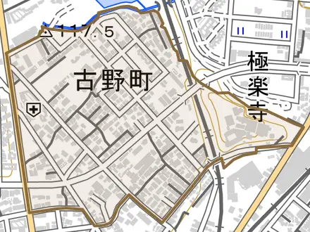 古野町とその周辺の地図。町の範囲を重ねている