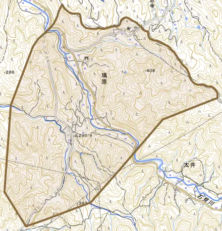 鳩原とその周辺の地図。町の範囲を重ねている