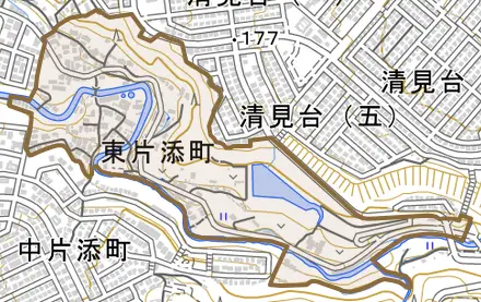 東片添町とその周辺の地図。町の範囲を重ねている