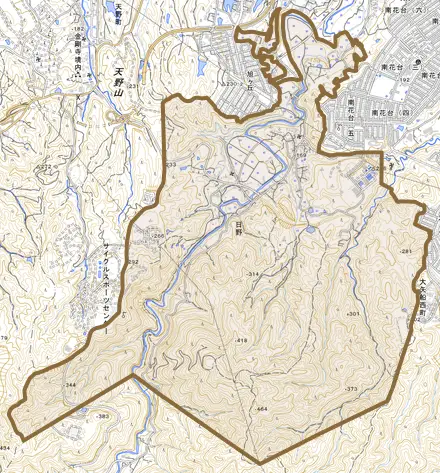 日野とその周辺の地図。町の範囲を重ねている