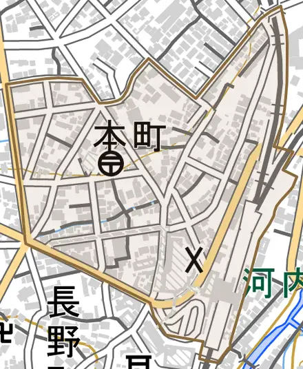 本町とその周辺の地図。町の範囲を重ねている