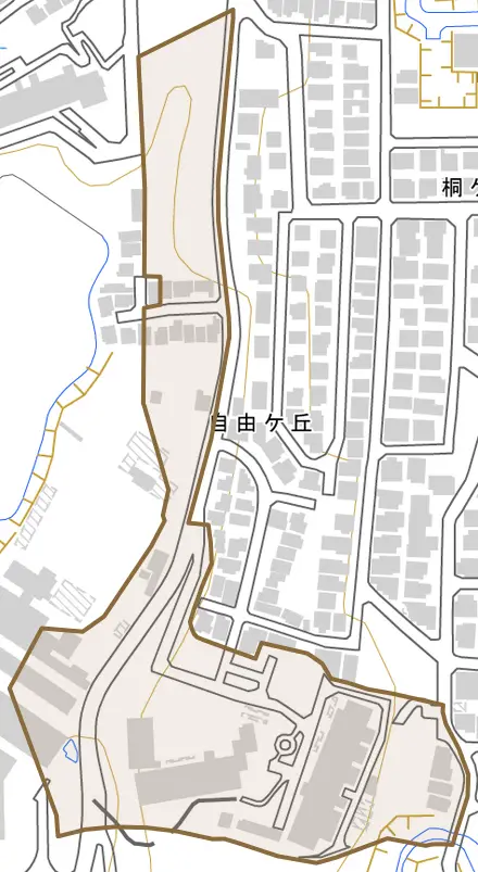 自由ケ丘とその周辺の地図。町の範囲を重ねている
