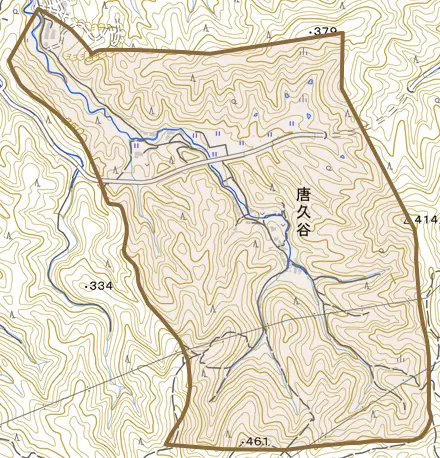 唐久谷とその周辺の地図。町の範囲を重ねている
