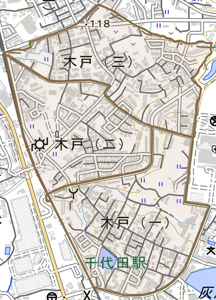 木戸とその周辺の地図。町の範囲を重ねている