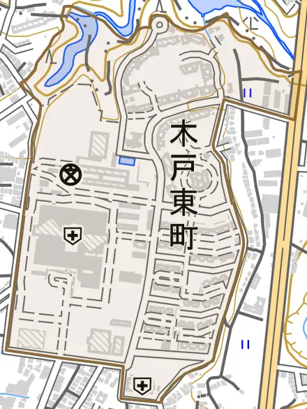 木戸東町とその周辺の地図。町の範囲を重ねている