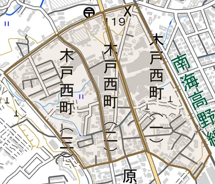 木戸西町とその周辺の地図。町の範囲を重ねている