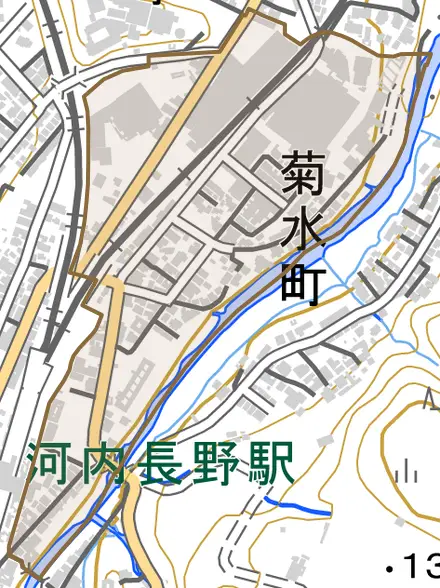 菊水町とその周辺の地図。町の範囲を重ねている