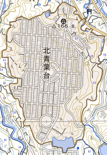 北青葉台とその周辺の地図。町の範囲を重ねている