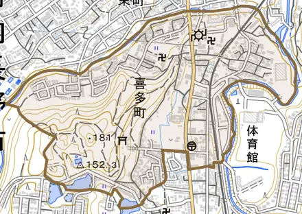 喜多町とその周辺の地図。町の範囲を重ねている
