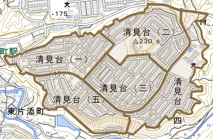 清見台とその周辺の地図。町の範囲を重ねている