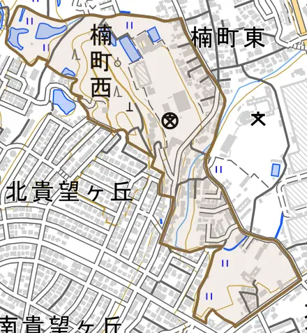 楠町西とその周辺の地図。町の範囲を重ねている