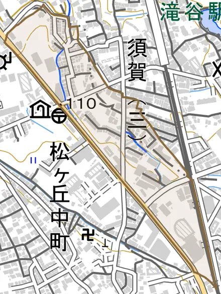 松ケ丘東町とその周辺の地図。町の範囲を重ねている