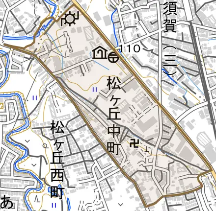 松ケ丘中町とその周辺の地図。町の範囲を重ねている
