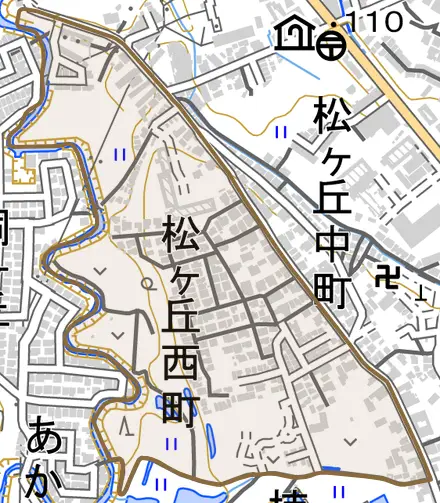松ケ丘西町とその周辺の地図。町の範囲を重ねている