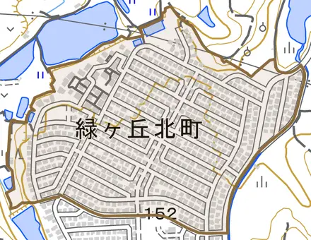 緑ケ丘北町とその周辺の地図。町の範囲を重ねている