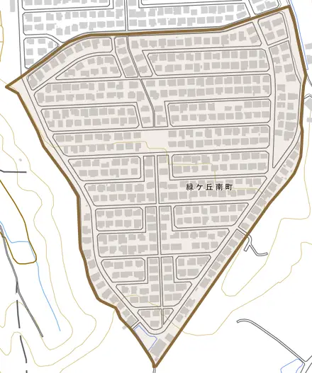緑ケ丘南町とその周辺の地図。町の範囲を重ねている