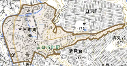 三日市町とその周辺の地図。町の範囲を重ねている