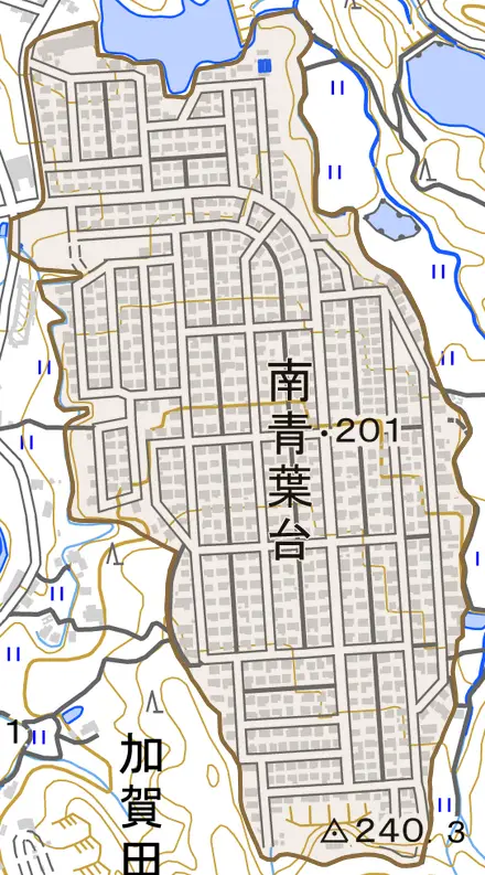 南青葉台とその周辺の地図。町の範囲を重ねている