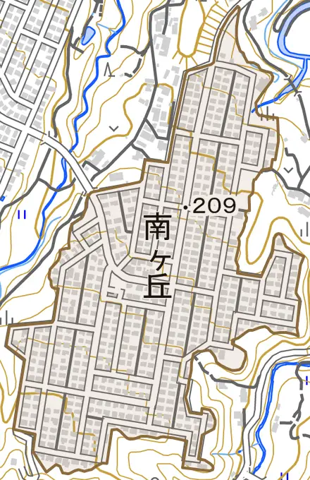 南ケ丘とその周辺の地図。町の範囲を重ねている