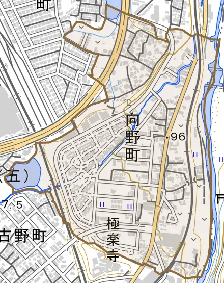 向野町とその周辺の地図。町の範囲を重ねている