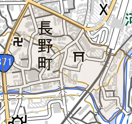 長野町とその周辺の地図。町の範囲を重ねている