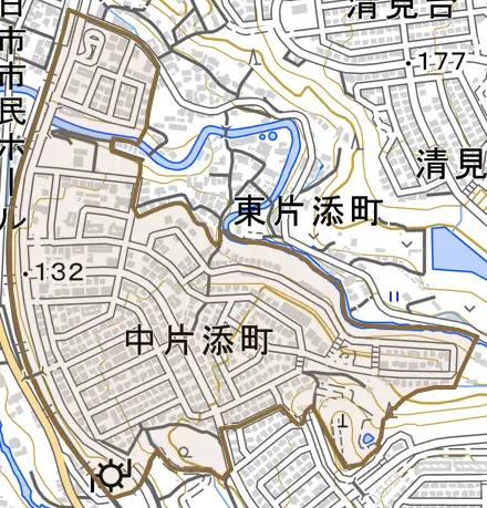 中片添町とその周辺の地図。町の範囲を重ねている