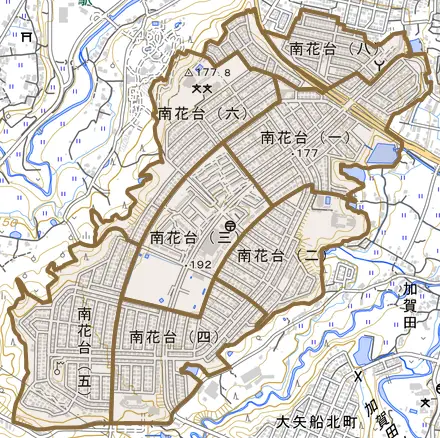 南花台とその周辺の地図。町の範囲を重ねている