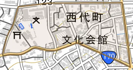 西代町とその周辺の地図。町の範囲を重ねている