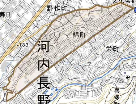 錦町とその周辺の地図。町の範囲を重ねている