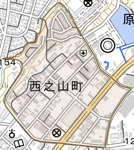 西之山町とその周辺の地図。町の範囲を重ねている