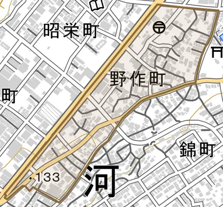 野作町とその周辺の地図。町の範囲を重ねている