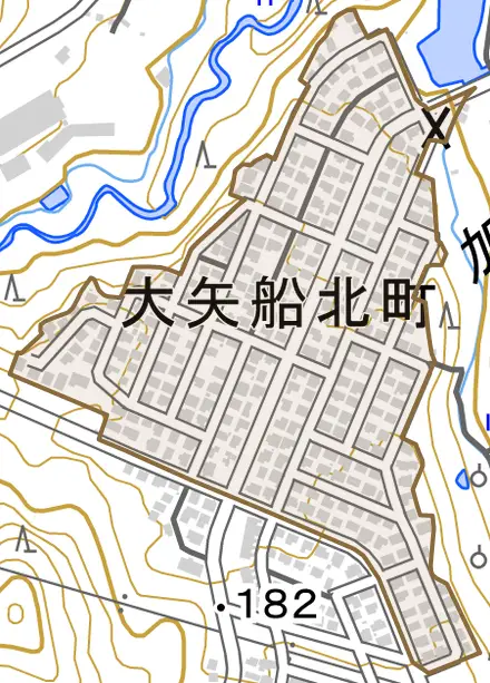 大矢船北町とその周辺の地図。町の範囲を重ねている