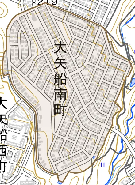 大矢船南町とその周辺の地図。町の範囲を重ねている