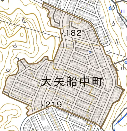 大矢船中町とその周辺の地図。町の範囲を重ねている