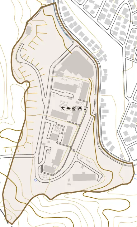 大矢船西町とその周辺の地図。町の範囲を重ねている