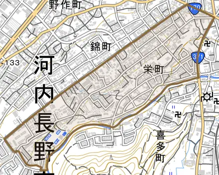 栄町とその周辺の地図。町の範囲を重ねている